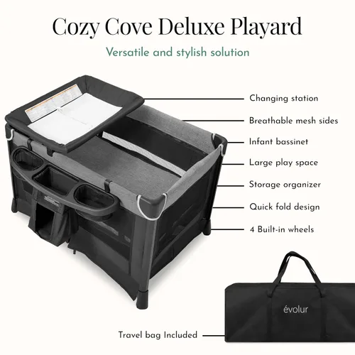 Miniatura 2 de Evolur Cozy Cove - Corralito portátil todo en uno con moisés y cambiador, corralito de viaje plegable rápido con lados de malla transpirable