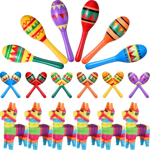 Miniatura 2 de Hungdao 36 piezas de decoración de fiesta mexicana incluyen 12 maracas de madera a granel, 6 mini piñatas de burro mexicanas para decoraciones