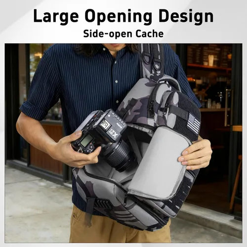 Miniatura 2 de Bolsa bandolera para cámara, bolsa para cámara DSLR/SLR/sin espejo con soporte para trípode y divisores extraíbles, pequeña bandolera táctica, gris