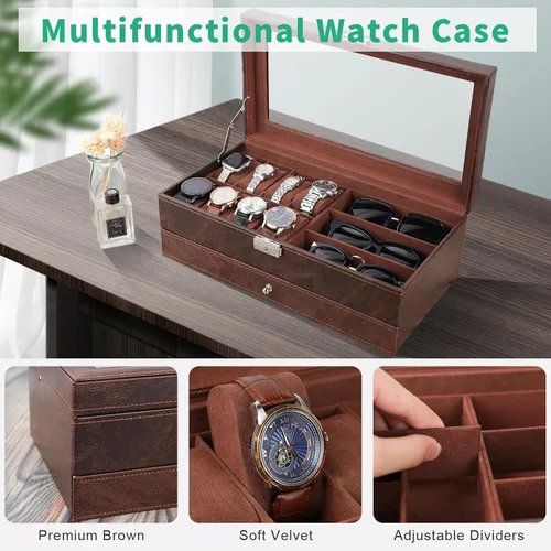 Miniatura 4 de TomCare Caja de reloj de 2 niveles para reloj, caja organizadora de joyas con tapa de vidrio gruesa, organizador de relojes, soporte para exhibición