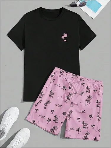 Miniatura 33 de GORGLITTER Conjunto de 2 piezas de camiseta gráfica de manga corta para hombre, estampado hawaiano con cordón y pantalones cortos