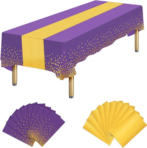 Miniatura 22 de Paquete de 10 manteles rectangulares de plástico y camino de mesa de satén, mantel desechable negro rectangular y dorado para cumpleaños