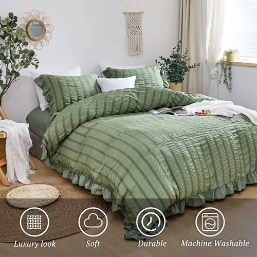 Miniatura 2 de MILDLY Funda de edredón con volantes tamaño King – Juego de ropa de cama de sirsaca con volantes bohemios y elegantes de 3 piezas, 100% microfibra