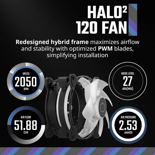 Miniatura 5 de Cooler Master MF120 Halo² Carcasa Enfriador de Líquido Ventilador de Enfriador de Aire, Ventilador de 120mm, Anillos aRGB de Bucle Dual, PWM