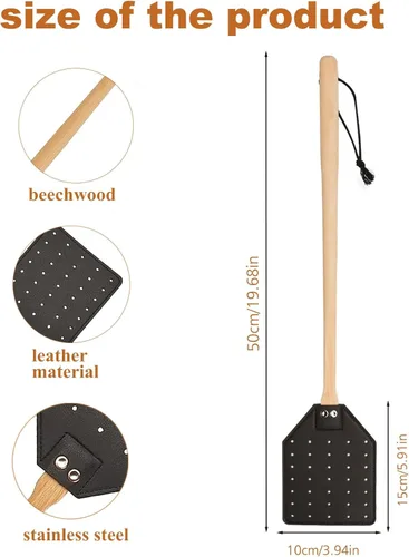 Miniatura 2 de Matamoscas de cuero resistente, matamoscas de mango largo con mango de madera de haya de 19.7 pulgadas de largo, matamoscas para interiores y Negro