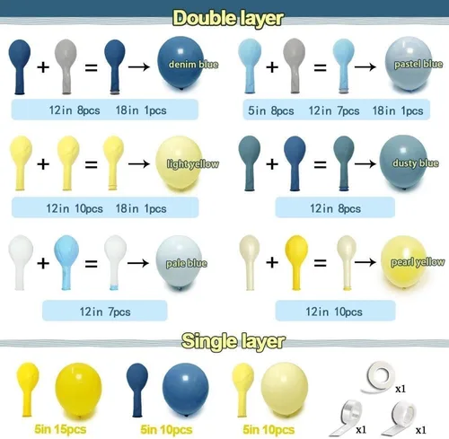 Miniatura 4 de Kit de arco de globos azul polvoriento, amarillo, doble relleno, azul pastel oscuro, amarillo claro, guirnalda de globos de perlas para cumpleaños