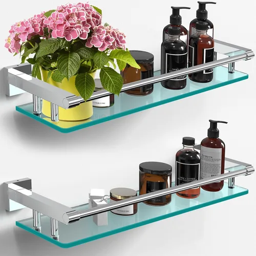 Miniatura 7 de Estantes de vidrio para baño, estante rectangular de acero inoxidable cromado de 20 pulgadas, estante de vidrio templado para montaje en pared
