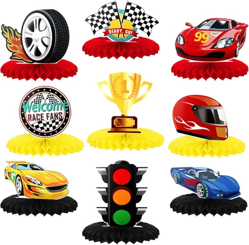 Inbagi 9 piezas de decoración de fiesta de autos de carreras, centros de mesa de panal de abeja, decoración de mesa de fiesta de doble cara,