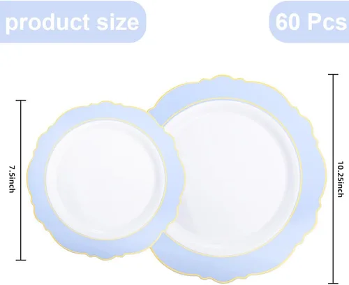Miniatura 2 de WDF - 60 platos de plástico azul desechables con borde dorado - Platos de fiesta de plástico azul bebé barroco para boda/fiesta/baby shower