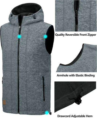 Miniatura 5 de Little Donkey Andy Chaleco de forro polar reversible para hombre, ligero, cálido, sin mangas, con capucha, para senderismo, caminar, viajar
