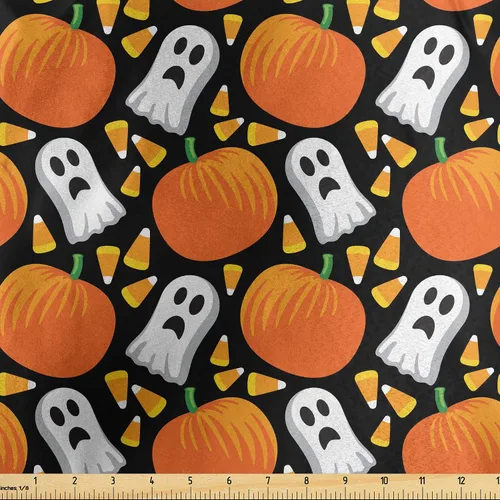 Miniatura 25 de Ambesonne The Yard, tela de calavera colorida con temática de Halloween, diseño de calavera y huesos cruzados, divertido estampado de dibujos