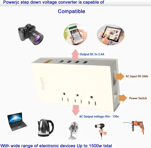 Miniatura 4 de Convertidor de voltaje de viaje Adaptador de corriente reductor de 220 V a 110 V Potencia nominal 1500 con 4 puertos de carga USB inteligentes ETL