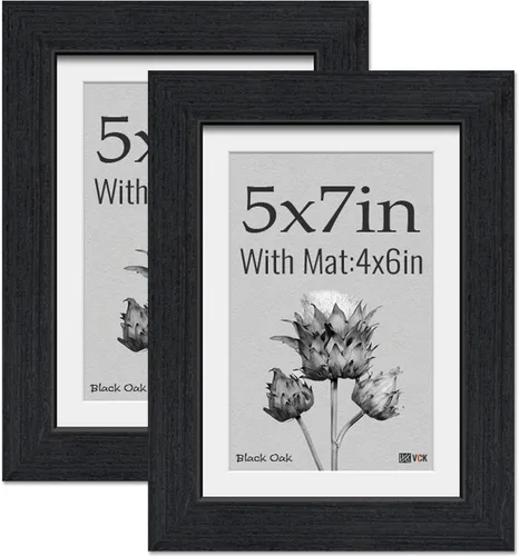 VCK Portarretratos de 5 x 7, 2 unidades, grano de madera natural, roble negro y vidrio HD, para fotos de 4 x 6 con paspartú o 5 x 7 sin paspartú,
