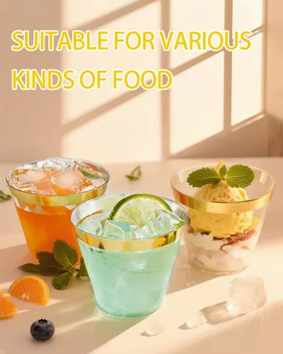 Miniatura 4 de Ciaell 300 vasos de plástico dorados – Vasos de plástico resistentes de 9 onzas – Copa desechable con borde dorado – Taza de vino transparente