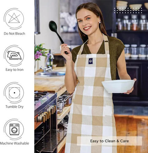 Miniatura 5 de Encasa XO Delantales de cocina de algodón para mujeres y hombres con bolsillo y bucle para toalla, correa ajustable para cuello y espalda