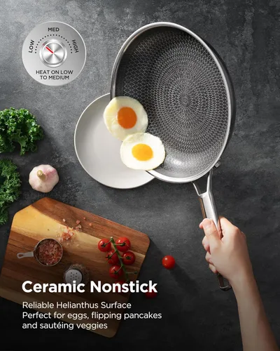 Miniatura 4 de Sartén wok con tapa, cerámica híbrida de 13 pulgadas, woks y sartenes para saltear de acero inoxidable de tres capas, antiadherente, no tóxico