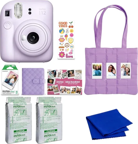 Paquete de vacaciones de cámara de película instantánea FUJIFILM instax mini 12 (lila púrpura) con 2 x película instantánea Instax Mini - paquete de