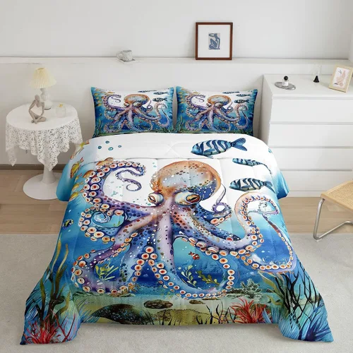 Miniatura 18 de Erosebridal Juego de edredón de ballena náutica, tamaño individual, juego de ropa de cama vintage azul con ondas oceánicas para niños y niñas