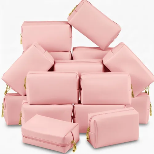 Miniatura 9 de Kigeli 15 piezas de bolsas de maquillaje estéticas, bolsas de cosméticos de cuero PU impermeables, bolsas de aseo lisas, bolsas de maquillaje a