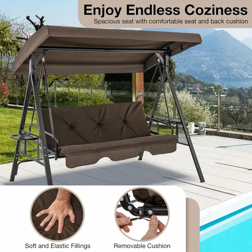 Miniatura 8 de Tangkula Columpio de porche para 3 personas, cama columpio convertible 2 en 1 para patio con toldo ajustable, mesa de 2 tazas, cojines de asiento