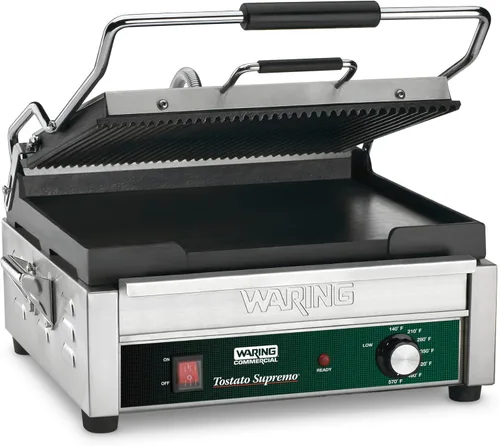 Waring Prensa Panini comercial, placas de hierro fundido acanaladas y planas, superficie de cocción de 14.5 x 11 pulgadas, termostato ajustable de