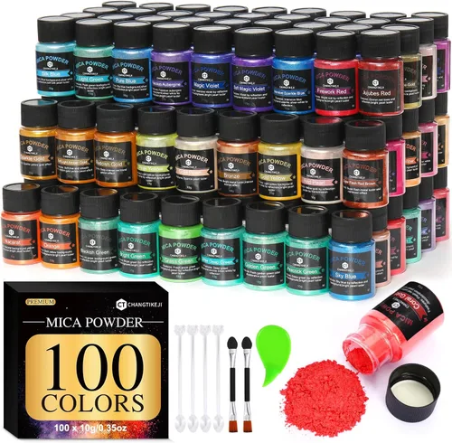 CHANGTIKEJI Polvo de Mica ,100 Colores - 10g/Botella de Pigmento Natural para Resina Epóxica,Brillo de Labios,Sombra de Ojos,Ambientadores de