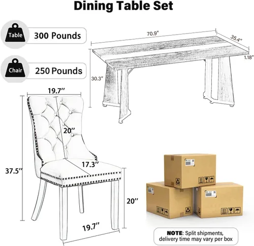 Miniatura 2 de Juego de mesa de comedor de 5 piezas con 4 sillas, mesa de comedor rectangular de madera de 71 pulgadas con sillas de comedor de terciopelo, tablero