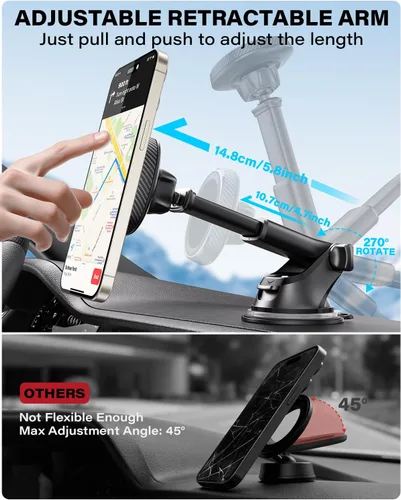 Miniatura 5 de APPS2Car Soporte magnético para teléfono MagSafe para iPhone, soporte magnético para salpicadero de parabrisas con brazo telescópico y ventosa
