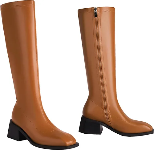 Miniatura 6 de vivianly Botas altas hasta la rodilla para mujer, tacón grueso, punta cuadrada, con cremallera, botas largas