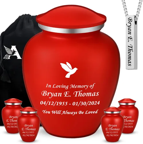 Miniatura 23 de Juego de 6 urnas funerarias decorativas negras y doradas personalizadas/grabadas para cenizas humanas, hombres y mujeres, con 1 urna grande