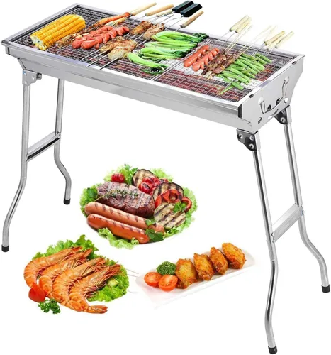 Parrilla de Carbón para Barbacoa de Acero Inoxidable Plegable Portátil Kits de Herramientas BBQ para Cocinar al Aire Libre Camping Senderismo
