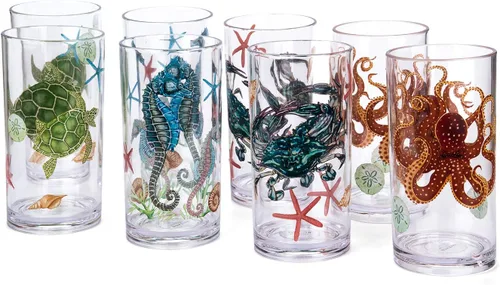 Miniatura 6 de KX-WARE Sea Ocean Life Vaso de plástico de 20 onzas, juego de vasos de vidrio para bebidas mixtas, juego de 4 multicolor
