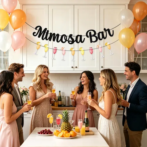 Miniatura 4 de Mimosa Bar Sign Banner Glitter Decorations for Bridal Shower Champagne Brunch Baby Shower Wedding Engagement Birthday Party Graduation Fiesta (Black)
