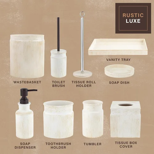 Miniatura 6 de Creative Scents Juego de accesorios de baño rústico de lujo completo - Set de 4 piezas de dispensador de jabón beige para baño incluye: dispensador
