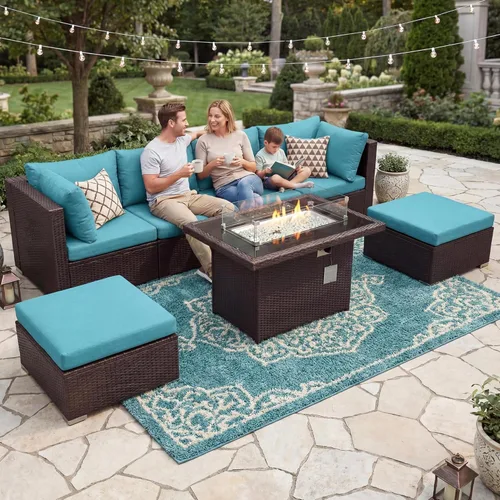 Miniatura 3 de BULEXYARD Juego de muebles de patio de respaldo alto de 7 piezas con mesa de fogata de combustible dual propano/gas natural, sofá seccional