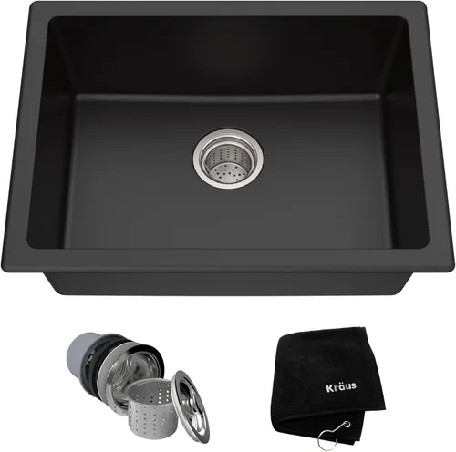 KRAUS Quarza - Fregadero de cocina de granito de instalación empotrada/sobre encimera de un solo seno de 24 pulgadas, color negro ónix, KGD-410B