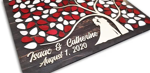 Miniatura 7 de Aşk Aynası Libro de invitados de boda 3D hecho a mano y pintado a mano, árbol de madera alternativo y corazones personalizados