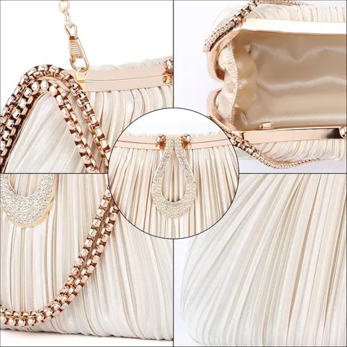 Miniatura 8 de FALETO Bolso de mano para mujer, de satén, plisado, de noche, bolso de mano de boda, con cadena, para baile de graduación, cóctel, fiesta
