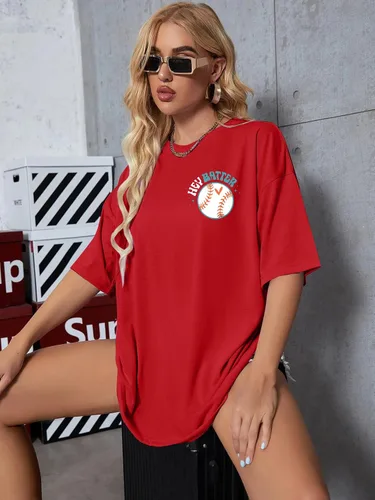 Miniatura 5 de Camiseta de béisbol para mujer, camisetas de béisbol de gran tamaño Hey Batter Batter Swing Graphic Tee Ballpark Gift Tops de manga corta