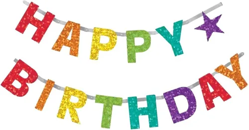 Cartel prismático de feliz cumpleaños arcoíris – 7.8 x 6.5 pulgadas (paquete de 1) – Decoración de fiesta con letras brillantes para todas las edades