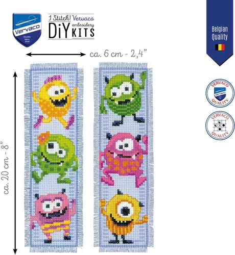 Miniatura 2 de Vervaco Kit de marcapáginas de punto de cruz Little Monsters (juego de 2) 2.4 x 8 pulgadas