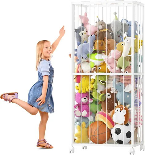 Miniatura 8 de Fixwal Tubo de metal para almacenamiento de animales de peluche, extra grande, organizador de juguetes para niños, con banda elástica y red