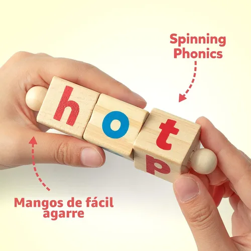 Coogam Bloques de Lectura de Madera con Varillas de Vocales Cortas, Juegos de Ortografía, Tarjetas Didácticas Giratorias Rotativas, Rompecabezas de