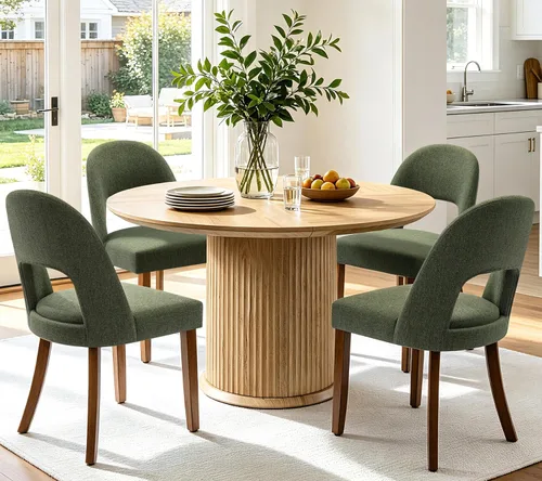 Miniatura 32 de Juego de 2 sillas de comedor de madera, modernas sillas de comedor tapizadas para cocina con tela de lino y respaldo abierto, patas de madera