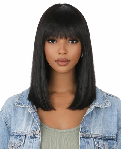 Miniatura 10 de Peluca de cabello humano lacio rubio 613 de 15 pulgadas con flequillo, sin pegamento, sin encaje frontal, Yaki Bob para mujer