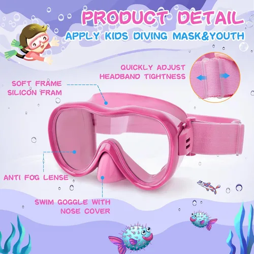 Miniatura 5 de Gafas de natación para niños con cubierta para la nariz, máscara de natación antifugas con correa de tela elástica, gafas de natación con protección
