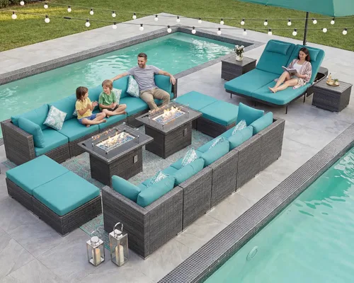 Miniatura 110 de NICESOUL Juego de muebles de patio para exteriores de 7 piezas con mesa para hoguera, gas natural y propano convertible, respaldo alto de 29.3