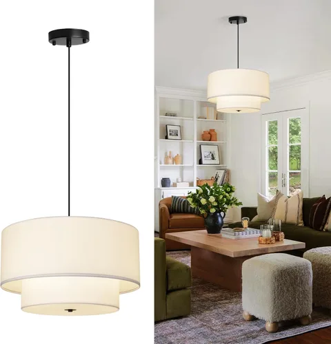 Miniatura 10 de Lámpara Colgante de Tela de Doble Tambor Moderna de 18", Lámpara de Araña Colgante Grande para Techo con Pantalla de Tela de Doble Capa, Ideal