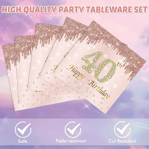 Miniatura 3 de Juego de 40 platos y servilletas de 40 cumpleaños para mujeres, juego de vajilla desechable para fiesta de 40 años de edad para decoración de 40º