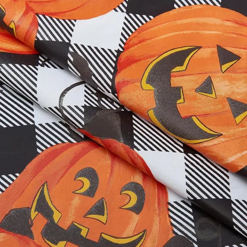Miniatura 6 de Newbridge Mantel de vinilo con parte trasera de franela de Halloween Jack O Lantern Pumpkin Farm, diseño de calabazas y murciélagos a cuadros negros